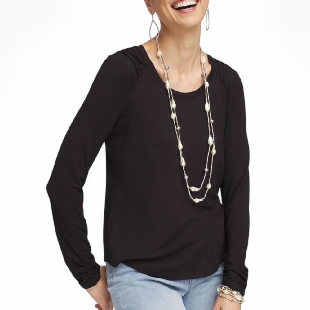 Chico's Black Large Stretchy Top Long‎ Casual Sleeve  Round Neck Dressy Casual